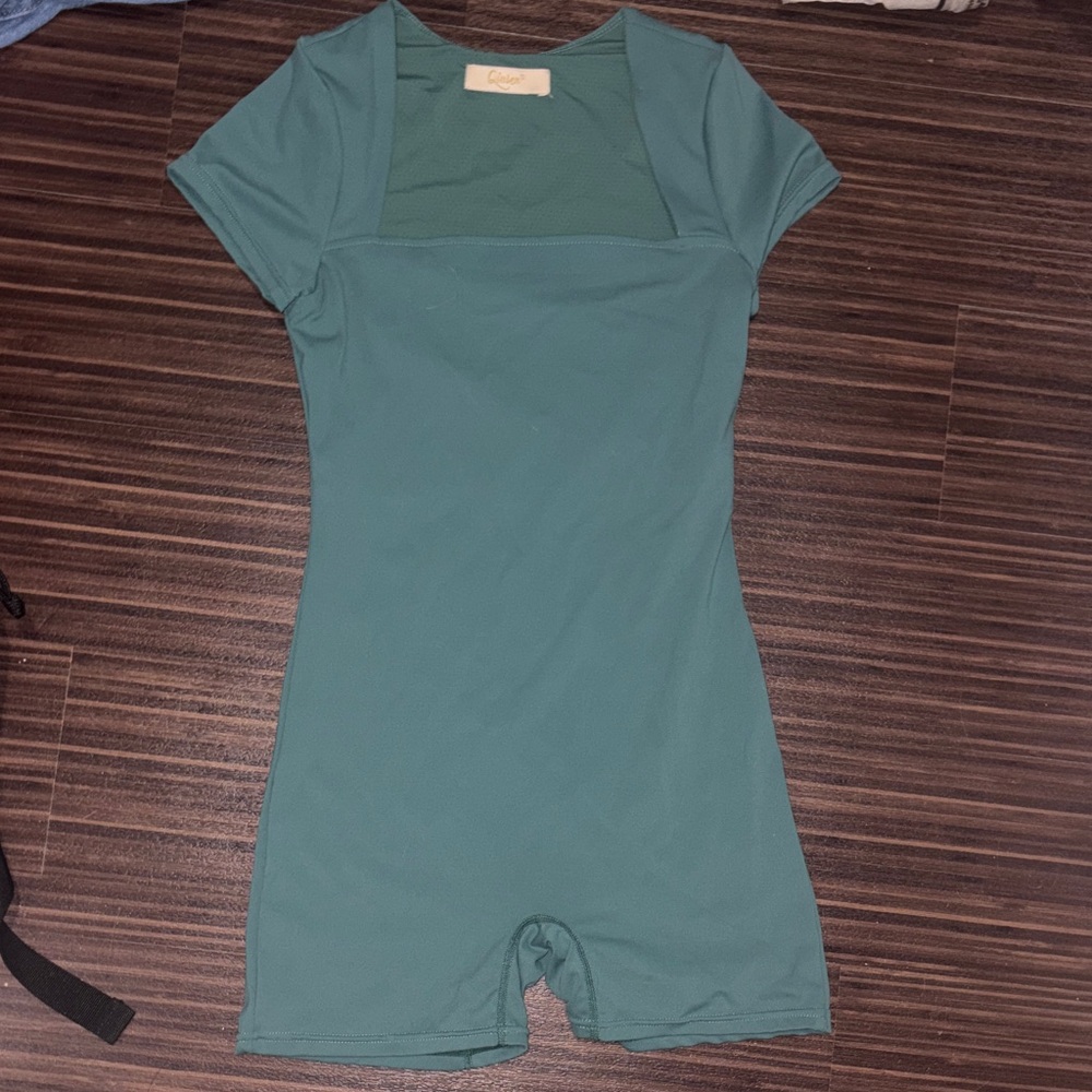 Short-Sleeve Teal Square-Neck Romper Jumpsuit